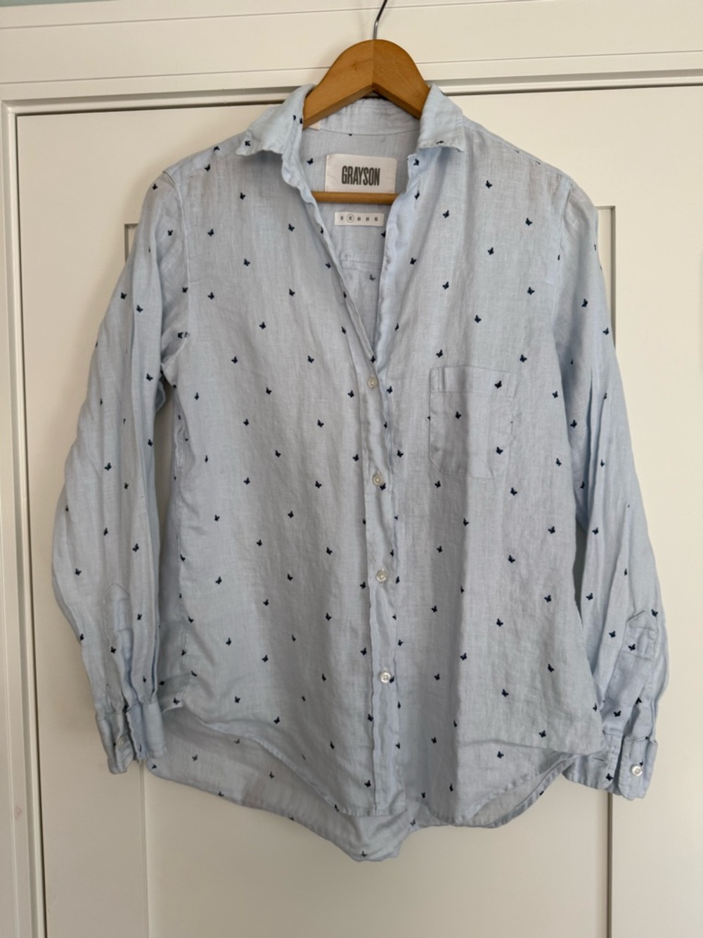 Anthropologie -  Grayson Light Blue Button-Up Shirt Linen Butterfly Print Small